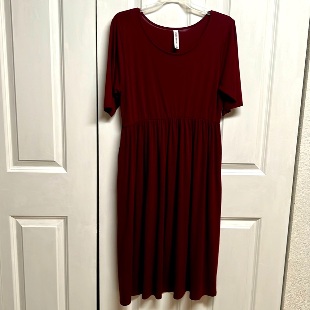 Zenana Outfitters Burgundy Short Sleeve Pocket Casual Dress Size XL